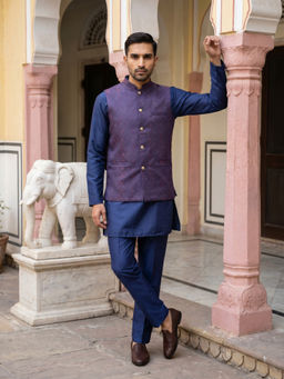 Jompers - Men Blue-Purple Woven Kurta with Pyjama and Nehru Jacket