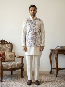 Jompers - Men White Floral Embroidered Kurta with Pyjama and Nehru Jacket