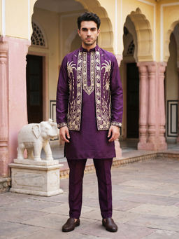 Jompers - Men Purple Floral Embroidered Kurta with Pyjama and Nehru Jacket