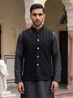 Jompers - Men Black Embroidered Sequined Velvet Nehru Jacket