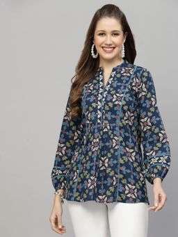 QOMN - Navy Blue Floral Print Lace Insert Cotton Top