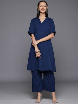 Varanga - Women Workwear Navy Blue Solid Flared Co-ord Set