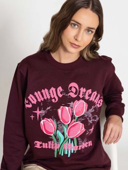 Lounge Dreams - Maroon Graphic Printed Relaxed Sweatshirt