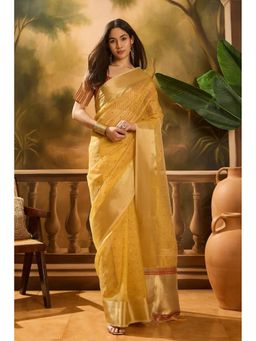 Mysilklove - Women Yellow Organza Woven Saree with Unstitched Blouse