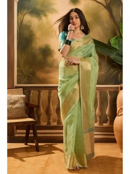 Mysilklove - Women Green Organza Woven Saree with Unstitched Blouse