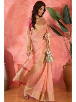 Mysilklove - Women Pink Organza Woven Saree with Unstitched Blouse