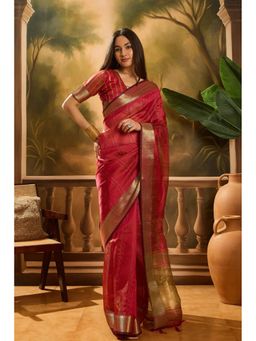 Mysilklove - Women Red Organza Woven Saree with Unstitched Blouse