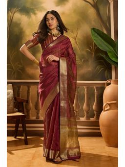 Mysilklove - Women Maroon Organza Woven Saree with Unstitched Blouse