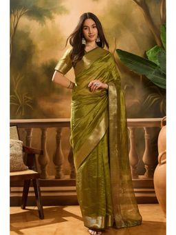 Mysilklove - Women Green Organza Woven Saree with Unstitched Blouse