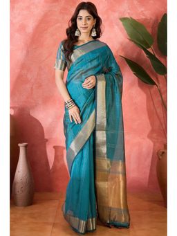 Mysilklove - Women Blue Organza Woven Saree with Unstitched Blouse