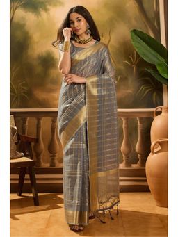 Mysilklove - Women Grey Organza Woven Saree with Unstitched Blouse