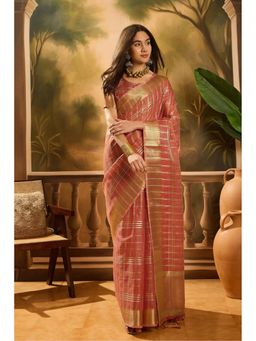 Mysilklove - Women Peach Organza Woven Saree with Unstitched Blouse