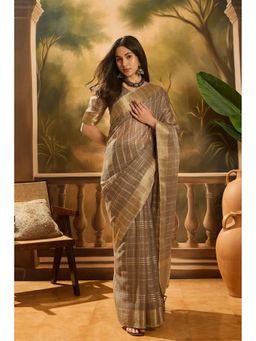 Mysilklove - Women Brown Organza Woven Saree with Unstitched Blouse
