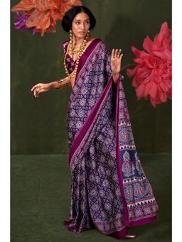 Mysilklove - Women Purple Satin Printed Saree with Unstitched Blouse