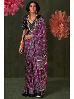 Mysilklove - Women Purple Satin Printed Saree with Unstitched Blouse