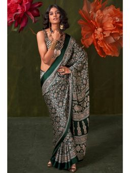 Mysilklove - Women Green Satin Printed Saree with Unstitched Blouse