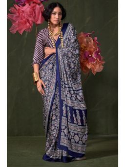 Mysilklove - Women Blue Satin Printed Saree with Unstitched Blouse