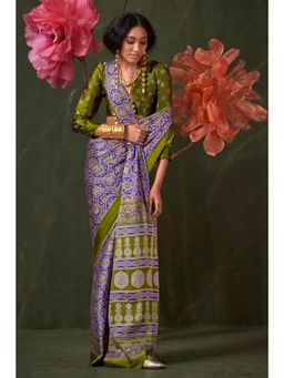 Mysilklove - Women Purple Satin Printed Saree with Unstitched Blouse