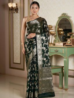 Teejh - Women Green Silk Woven Saree Without Blouse