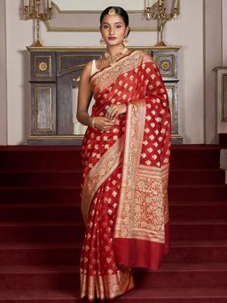 Teejh - Women Red Chiffon Woven Saree Without Blouse