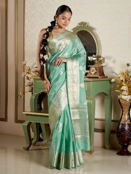 Teejh - Women Green Chiffon Woven Saree Without Blouse