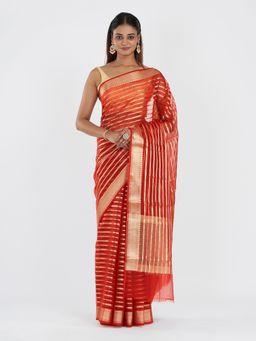 Teejh - Women Red Silk Stripes Saree Without Blouse