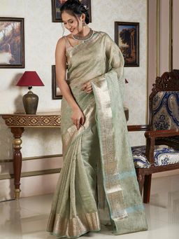 Teejh - Women Green Tissue Woven Saree Without Blouse