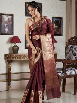 Teejh - Women Maroon Silk Woven Saree Without Blouse