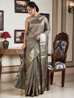 Teejh - Women Grey Tissue Woven Saree Without Blouse