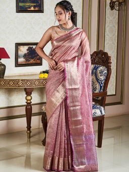 Teejh - Women Pink Tissue Woven Saree Without Blouse