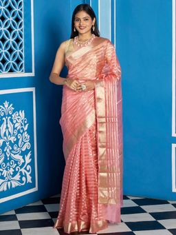 Teejh - Women Pink Organza Stripes Saree Without Blouse