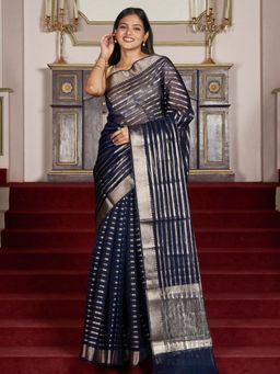 Teejh - Women Navy Blue Organza Stripes Saree Without Blouse