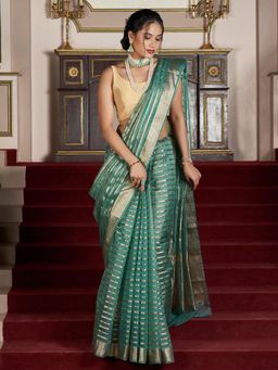 Teejh - Women Blue Organza Stripes Saree Without Blouse