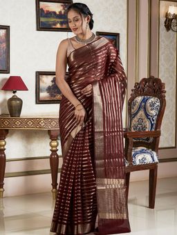 Teejh - Women Maroon Organza Stripes Saree Without Blouse