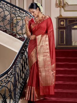Teejh - Women Red Linen Blend Woven Saree Without Blouse