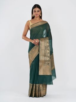 Teejh - Women Green Linen Blend Woven Saree Without Blouse