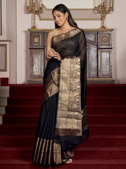 Teejh - Women Black Linen Blend Woven Saree Without Blouse