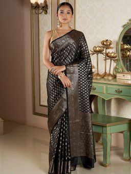 Teejh - Women Black Silk Woven Saree Without Blouse