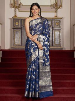 Teejh - Women Navy Blue Silk Woven Saree Without Blouse