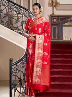 Teejh - Women Red Silk Woven Saree Without Blouse