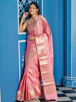 Teejh - Women Pink Silk Woven Saree Without Blouse