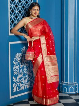 Teejh - Women Red Silk Woven Saree Without Blouse