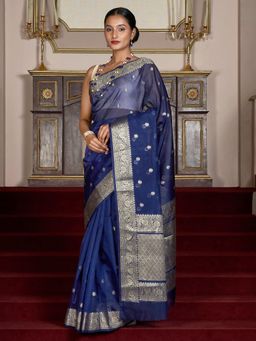 Teejh - Women Blue Silk Woven Saree Without Blouse