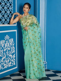 Teejh - Women Turquoise Organza Embroidered Saree Without Blouse
