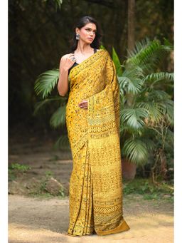 Unnati Silks - Women Yellow Cotton Printed Saree with Unstitched Blouse