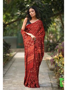 Unnati Silks - Women Red Cotton Printed Saree with Unstitched Blouse