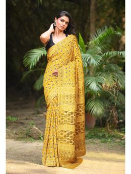 Unnati Silks - Women Yellow Cotton Printed Saree with Unstitched Blouse