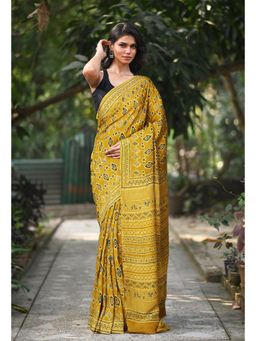 Unnati Silks - Women Yellow Cotton Printed Saree with Unstitched Blouse