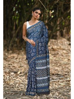 Unnati Silks - Women Blue Cotton Printed Saree with Unstitched Blouse