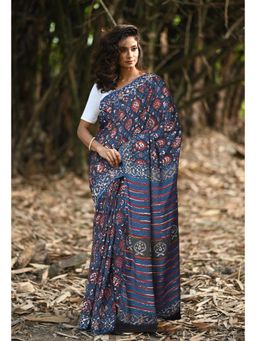Unnati Silks - Women Blue Cotton Printed Saree with Unstitched Blouse